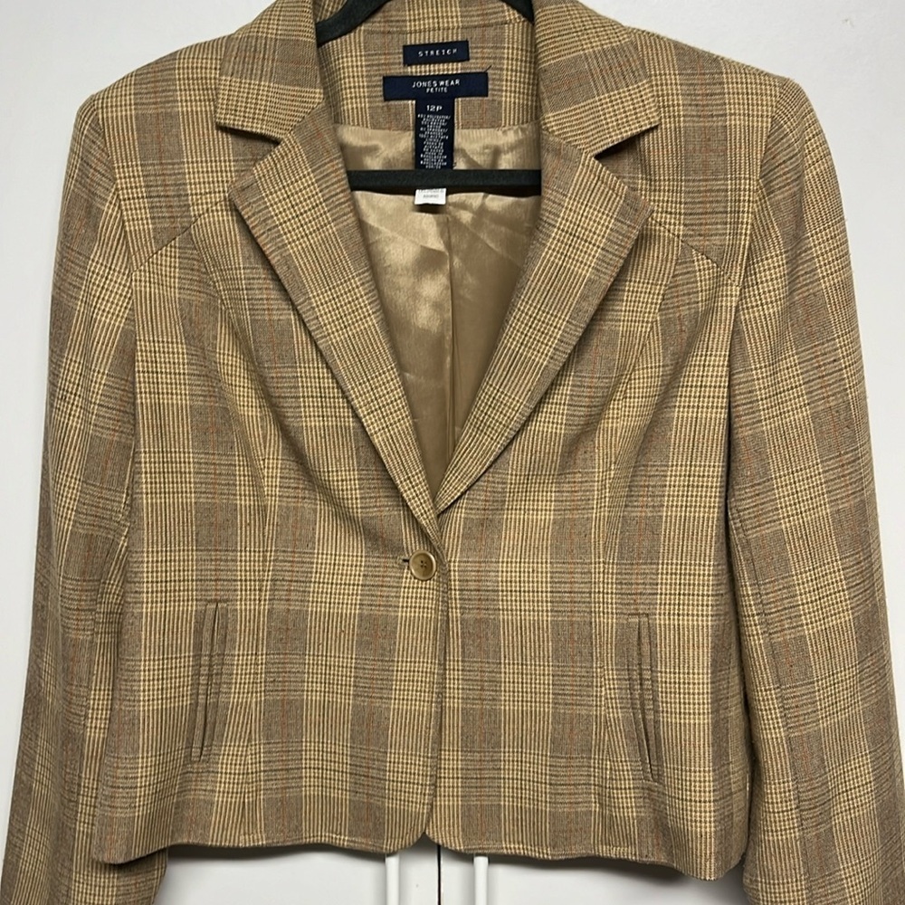 Jones Wear Petite 12P Plaid Stretch Blazer Tan Brown Career Jacket Lined - Picture 6 of 11